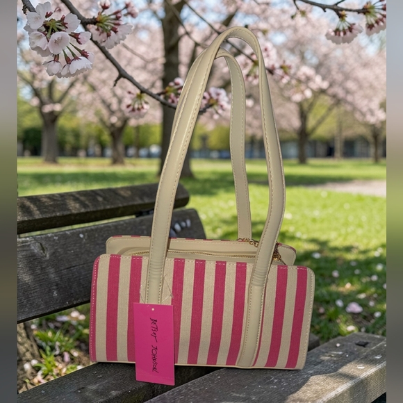 Betsey Johnson Pink Multi Striped Shoulder Bag with Floral Charm, NWT - Picture 4 of 5